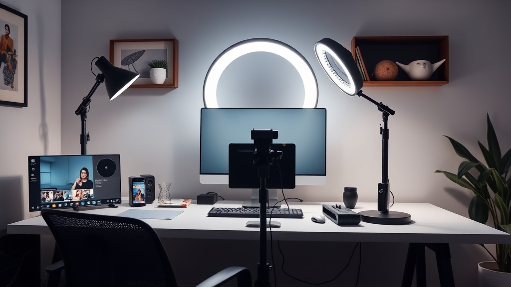 어두운 방에서 링 라이트를 켜고 방송을 준비하는 크리에이터의 데스크탑 환경