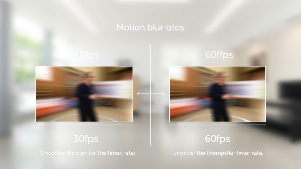 화면 속 인물의 손동작이 30fps와 60fps에서 어떻게 다르게 잔상이 남는지 비교하는 기술적 도식