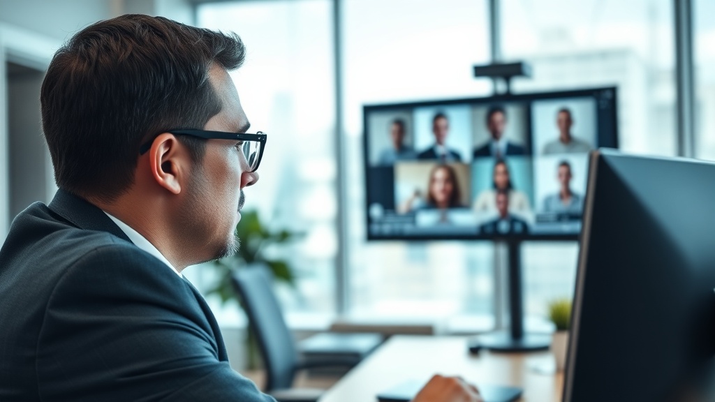 밝은 조명 아래서 화상 회의를 진행하는 직장인의 모습으로 웹캠 화질의 중요성을 보여주는 장면